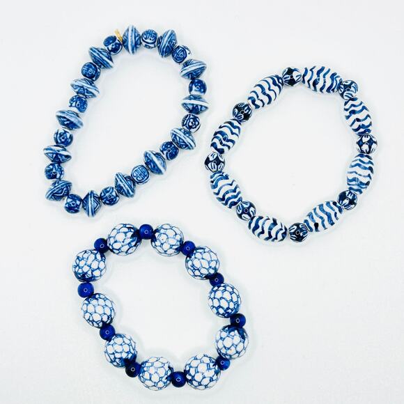 Vintage Chinese Blue White Porcelain Ceramic Beaded Stretch Bracelet Lot - Picture 2 of 5